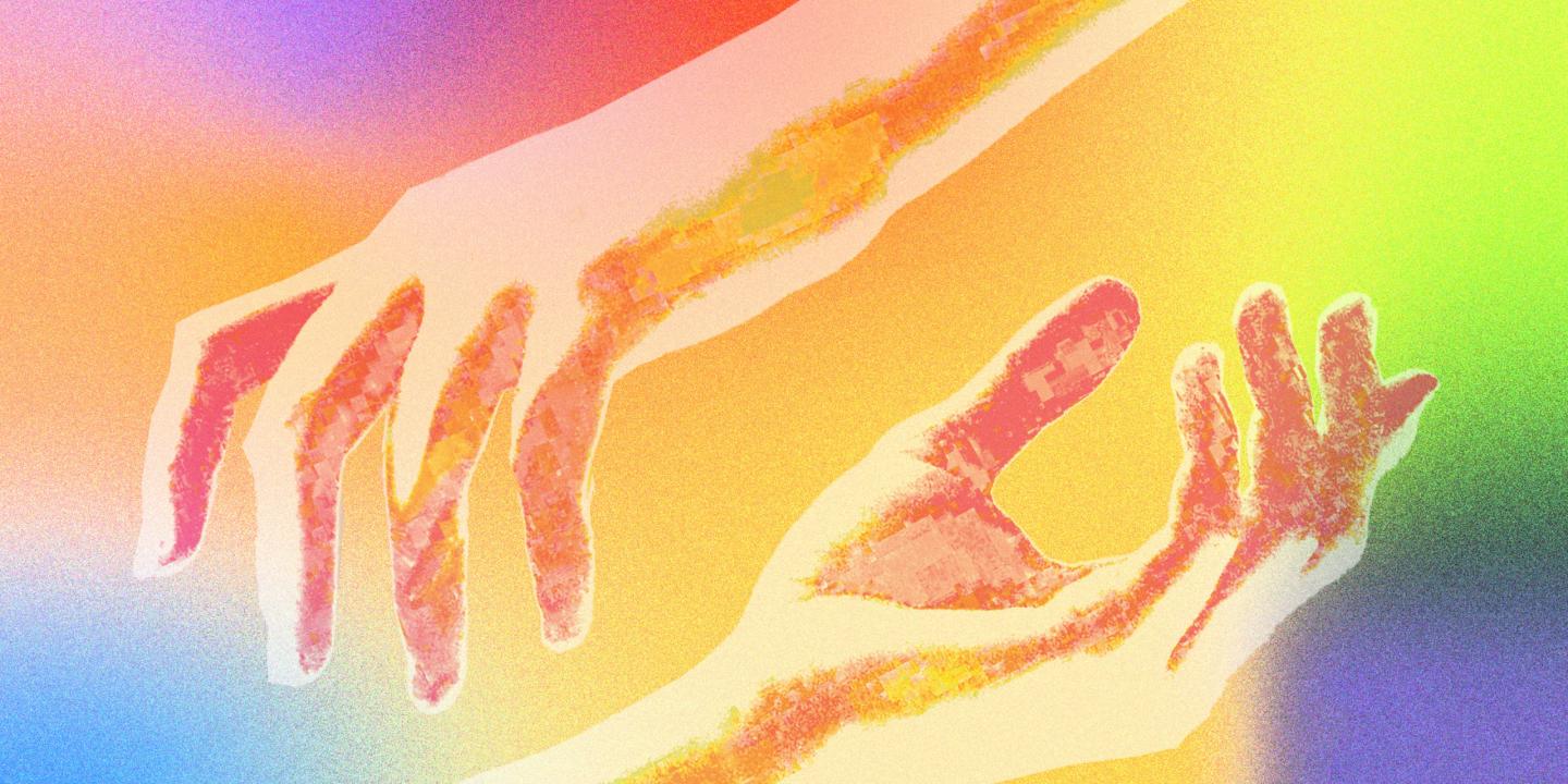 Two colorfully stylized hands reaching toward each other against a vivid, rainbow-hued background.