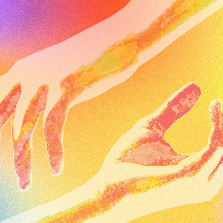 Two colorfully stylized hands reaching toward each other against a vivid, rainbow-hued background.
