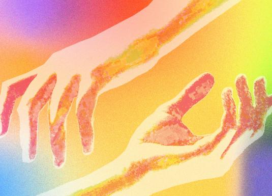 Two colorfully stylized hands reaching toward each other against a vivid, rainbow-hued background.