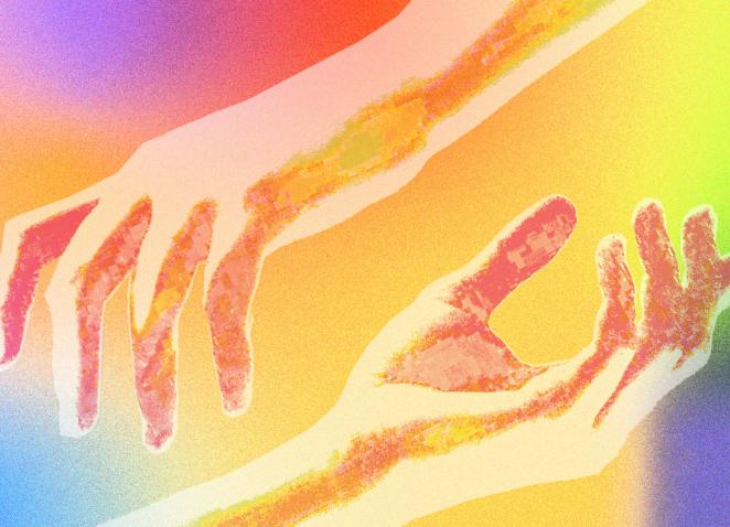 Two colorfully stylized hands reaching toward each other against a vivid, rainbow-hued background.