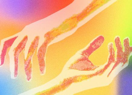 Two colorfully stylized hands reaching toward each other against a vivid, rainbow-hued background.