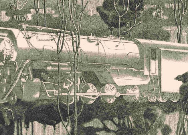 Grafiska kompozīcija ar baltu tvaika lokomotīvi mežā, ko ieskauj un apņem lieli melni putni.