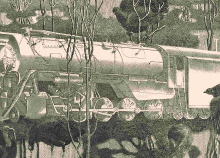 Grafiska kompozīcija ar baltu tvaika lokomotīvi mežā, ko ieskauj un apņem lieli melni putni.