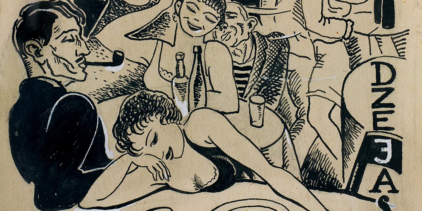 Melnbalts ilustratīvs zīmējums ar stilizētām figūrām kafejnīcas ainā, redzami cilvēki pie galda ar dzērieniem un uzraksts “Dzejas”.