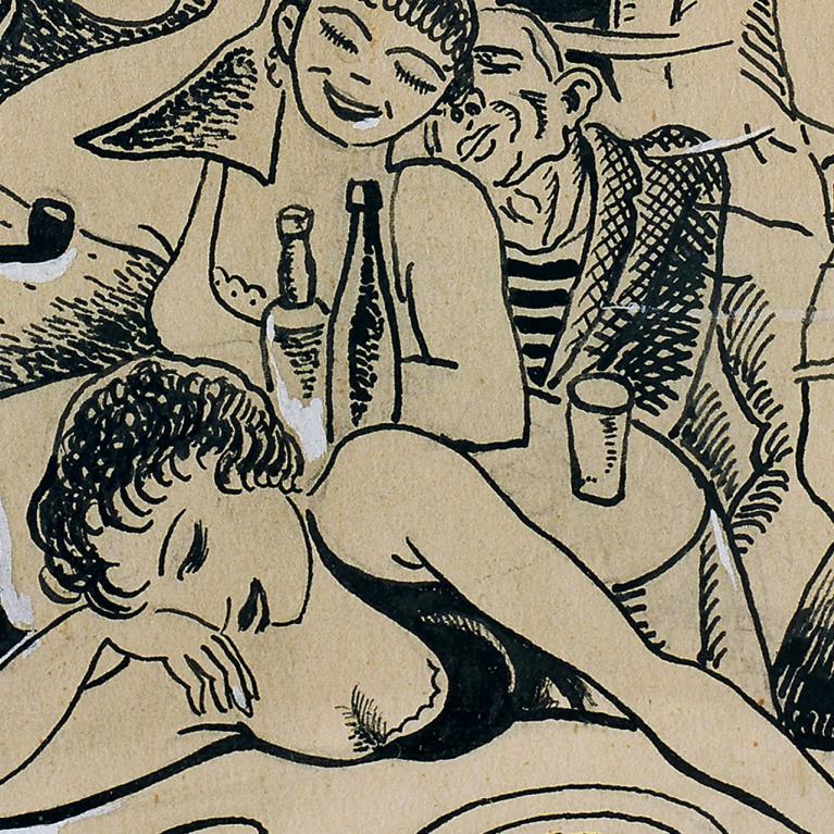 Melnbalts ilustratīvs zīmējums ar stilizētām figūrām kafejnīcas ainā, redzami cilvēki pie galda ar dzērieniem un uzraksts “Dzejas”.