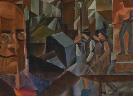 Kubisma stilā veidota glezna ar vīrieša portretu priekšplānā un stilizētām figūrām un arhitektūras formām fonā.