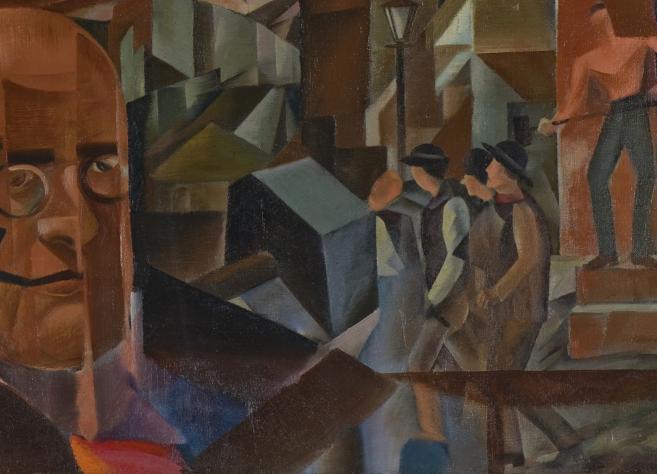 Kubisma stilā veidota glezna ar vīrieša portretu priekšplānā un stilizētām figūrām un arhitektūras formām fonā.