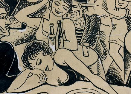 Melnbalts ilustratīvs zīmējums ar stilizētām figūrām kafejnīcas ainā, redzami cilvēki pie galda ar dzērieniem un uzraksts “Dzejas”.