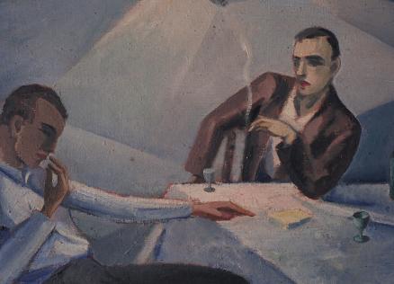 Ekspresīva glezna ar diviem vīriešiem pie galda, uz kura redzama pudele un mazas glāzītes, attēlota noskaņota, dramatisku toņu interjera aina.