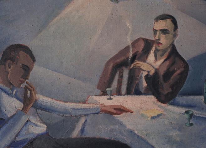 Ekspresīva glezna ar diviem vīriešiem pie galda, uz kura redzama pudele un mazas glāzītes, attēlota noskaņota, dramatisku toņu interjera aina.