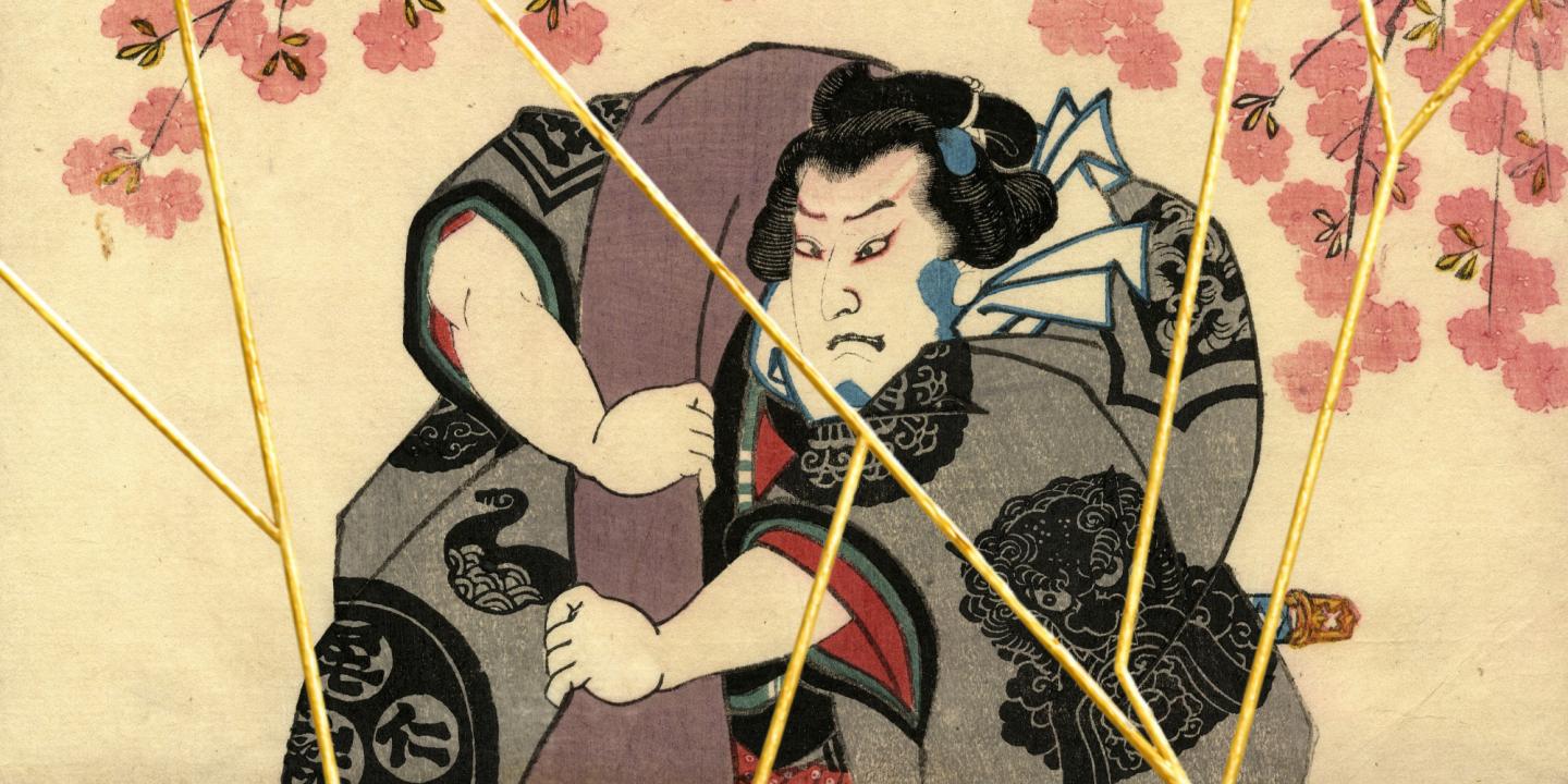 Utagava Kuņisada (Tojokuņi III). Aina no izrādes "Romance skatuves ziedu palukumā": aktieris Seki Sandžūrō III Gjōdži &Scaron;ōkūrō lomā. 1874. Papīrs, krāsains kokgriezums. Dizaina izveidē izmantots MI.