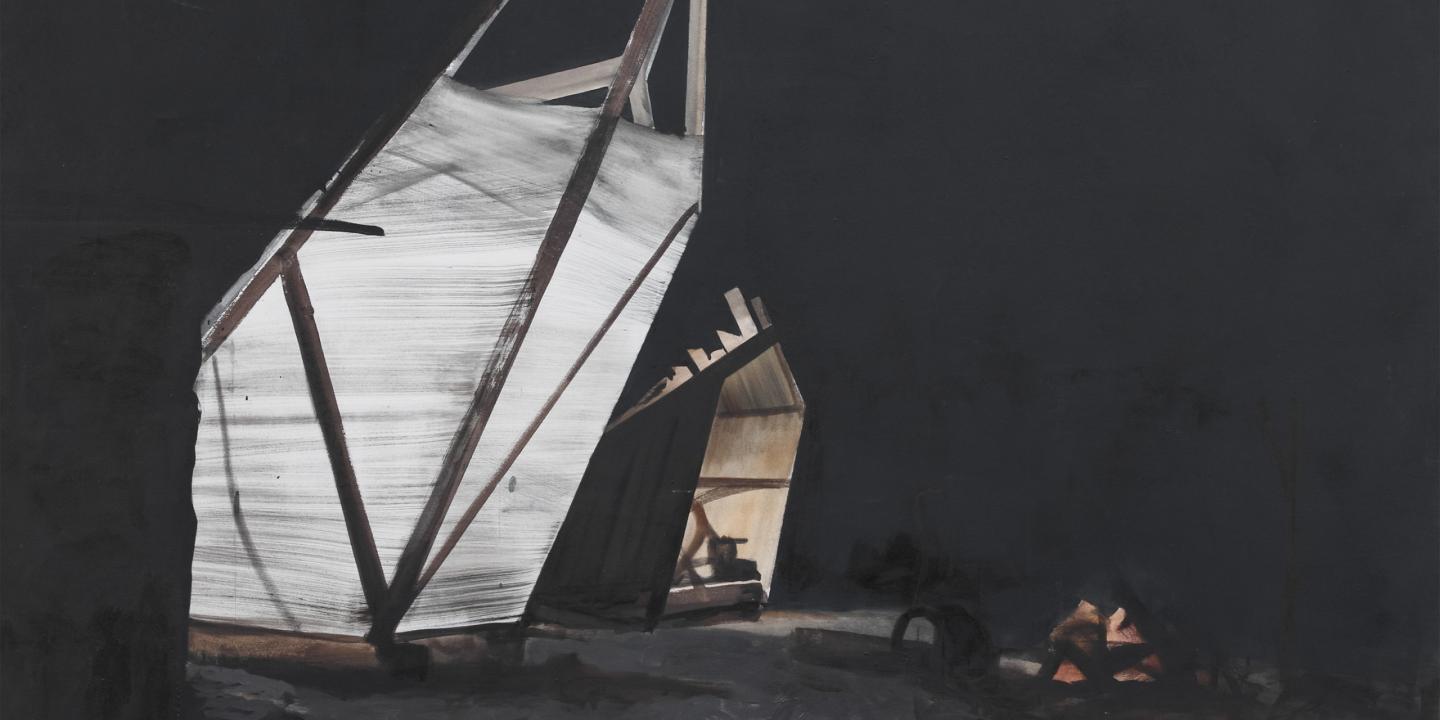 Abstract painting with light geometric shapes on a dark background and a small orange accent in the lower right corner.