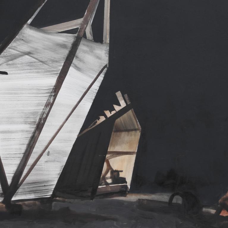 Abstract painting with light geometric shapes on a dark background and a small orange accent in the lower right corner.