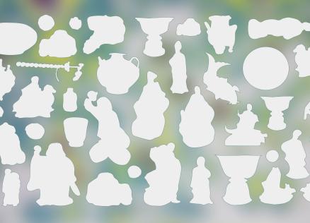 A composition of many white silhouettes on a blurred multicolored background, including vases, figurines and other decorative objects.
