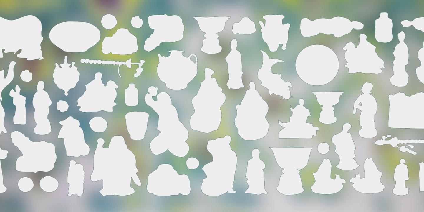 A composition of many white silhouettes on a blurred multicolored background, including vases, figurines and other decorative objects.