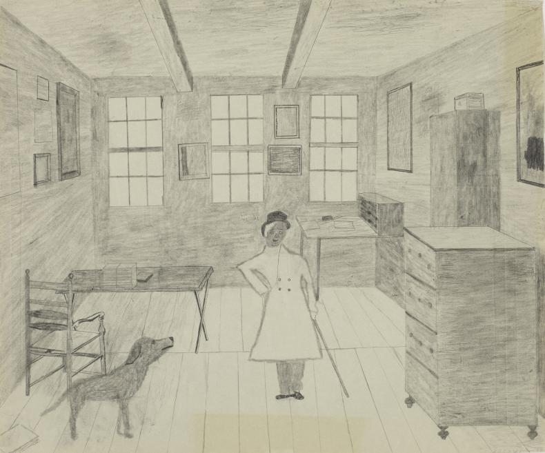 The delicate pencil drawing depicts a simple room with furniture, windows, and a small figure holding a cane beside a dog.