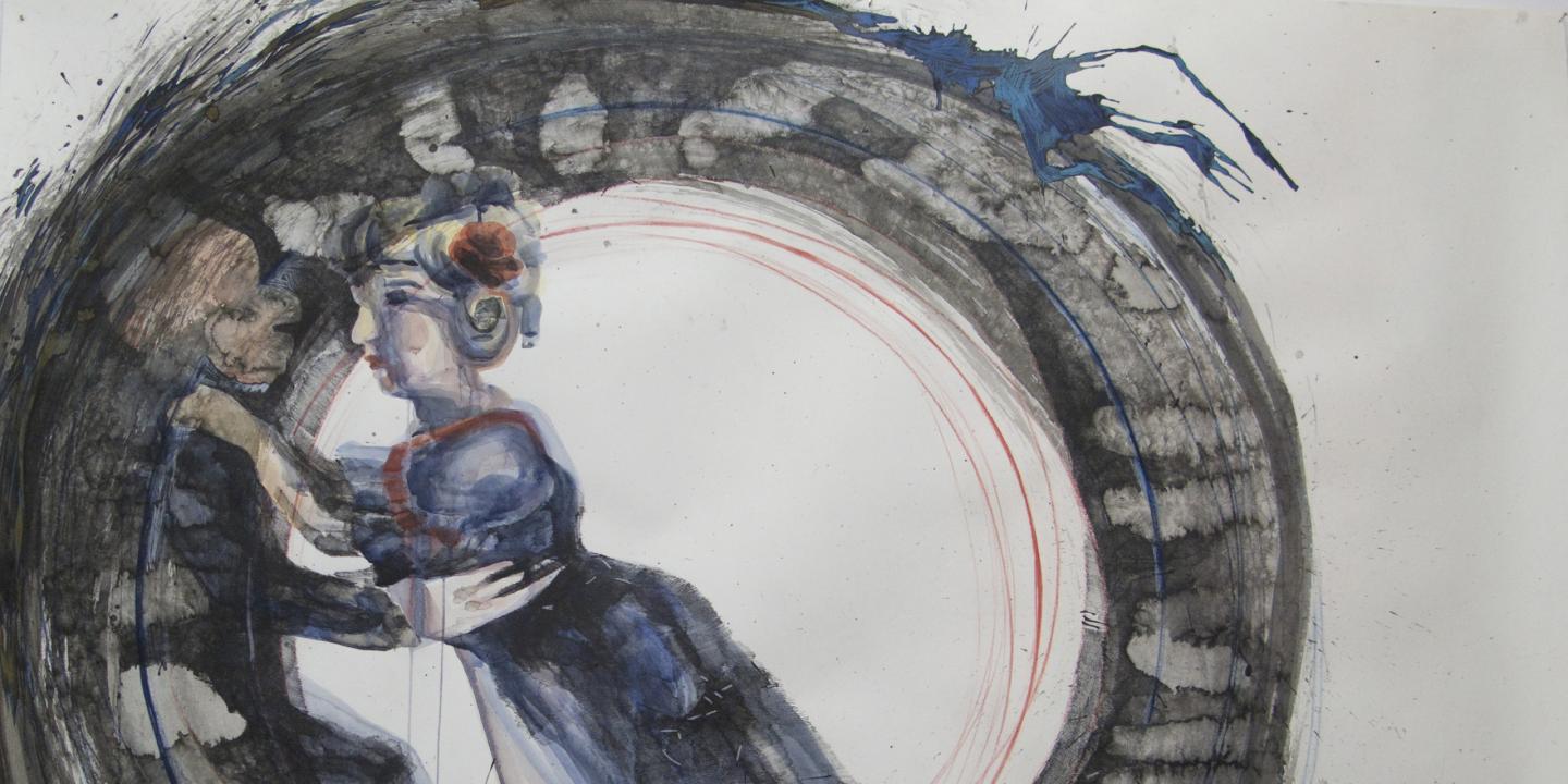 In the expressive painting, a female figure in bluish clothing is depicted in motion at the center of a dark circle with dynamic lines and splashes.