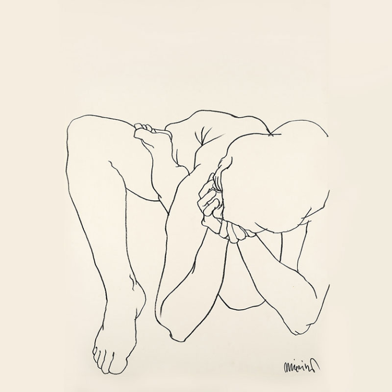Black-and-white line drawing of a nude human body in a bent, hunched pose on a light background.