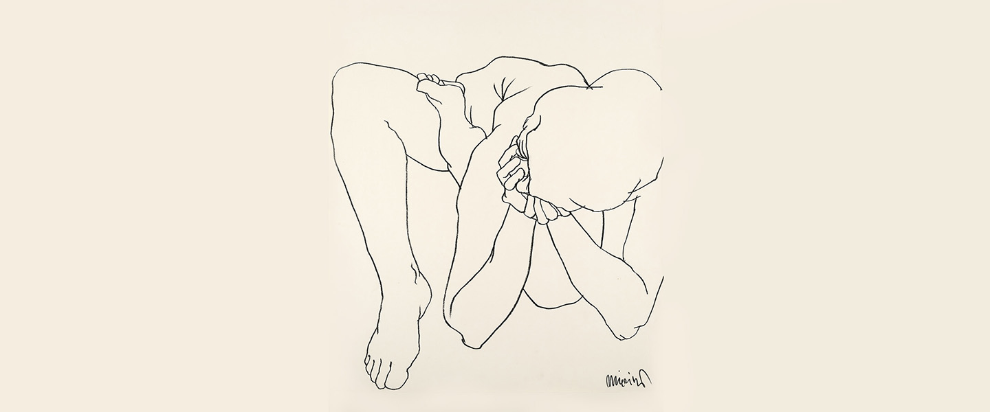Black-and-white line drawing of a nude human body in a bent, hunched pose on a light background.
