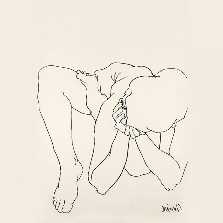Black-and-white line drawing of a nude human body in a bent, hunched pose on a light background.