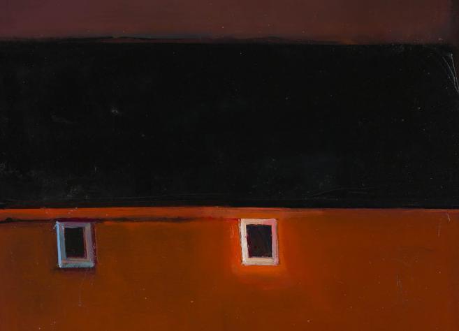 Abstract painting of a dark black roof shape above an orange-brown building facade with two small windows.