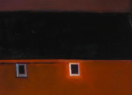 Abstract painting of a dark black roof shape above an orange-brown building facade with two small windows.
