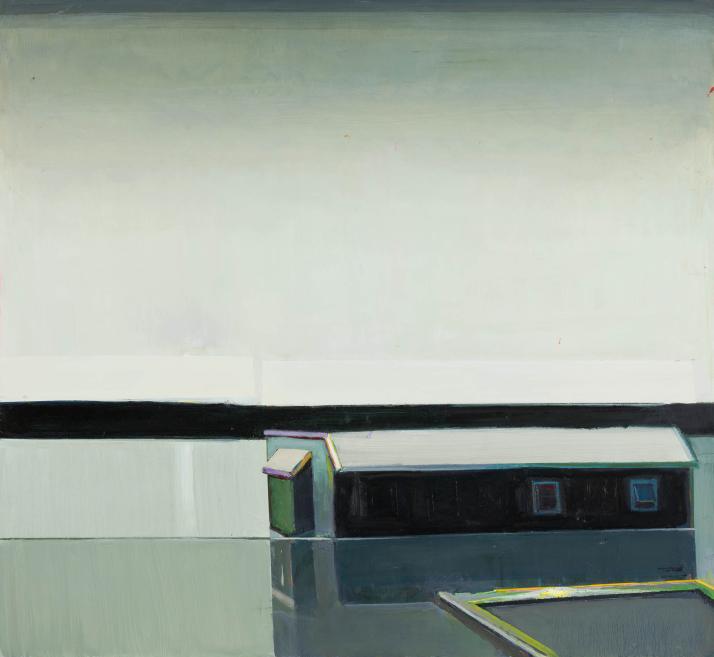 Abstract oil painting with a pale, nearly empty sky area above a dark horizontal band and geometric building forms at the bottom.