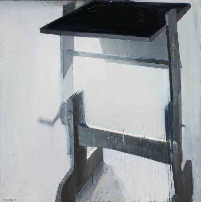 Abstract painting with dark geometric elements on a light background forming a spatial конструкtion.