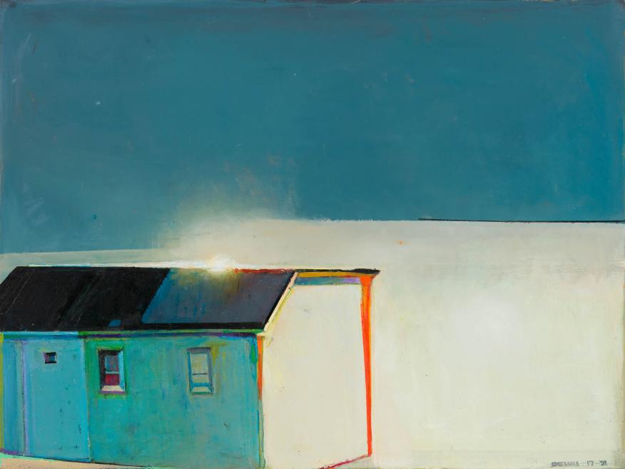 Abstract painting with a blue sky field, a white wall, and a small blue-green building with a black roof.