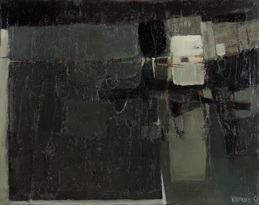 Abstract painting in dark gray-green and black tones with large rectangular areas, white bands, and a few red accents.
