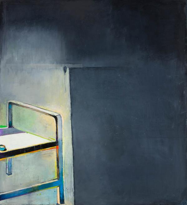 Abstract painting with a dark gray and blue field, a light geometric form on the left, and colored lines along the edges.