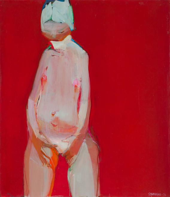 Abstract painting of a nude standing figure on a bright red background.
