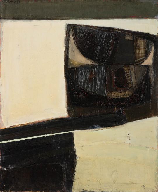 Abstract painting with light and dark geometric areas and a rounded dark form in the center.