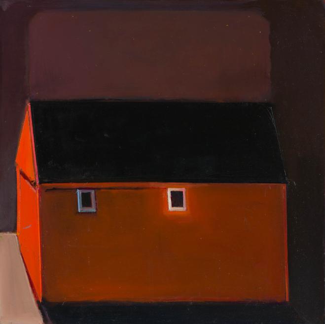 Abstract painting of a dark black roof shape above an orange-brown building facade with two small windows.