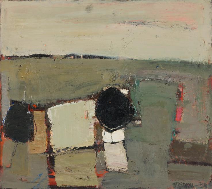 Abstract landscape in oil with a wide pale sky above a green-brown field and dark block-like forms in the foreground.