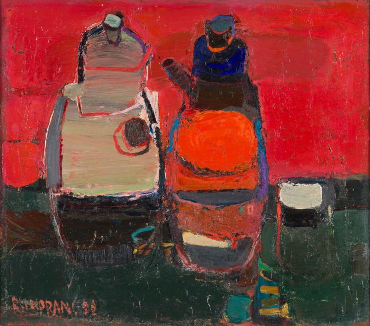 Abstract painting with two stylized seated figures against a bright red background.
