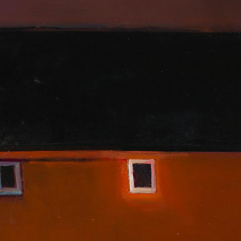 Abstract painting of a dark black roof shape above an orange-brown building facade with two small windows.