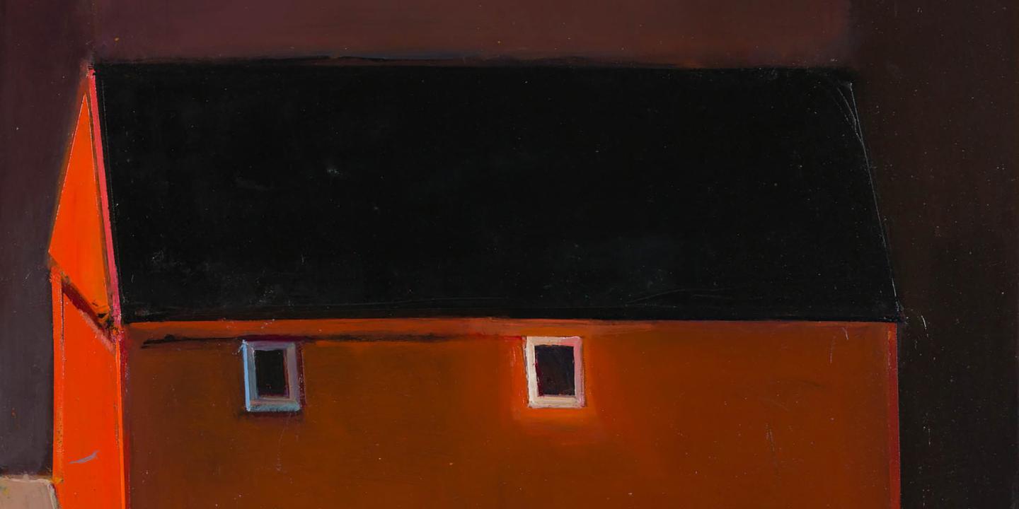 Abstract painting of a dark black roof shape above an orange-brown building facade with two small windows.