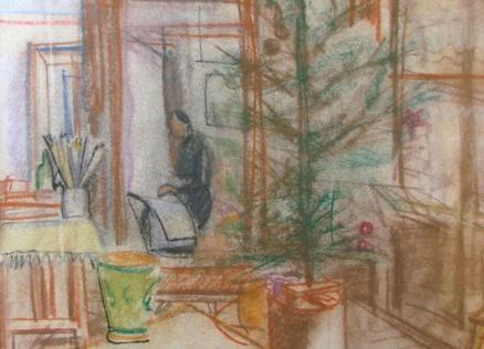 Aleksandras Beļcovas darbnīcas interjera zīmējums pasteļtehnikā ar Ziemassvētku eglīti, mākslinieci pie molberta un dažādiem studijas priekšmetiem.