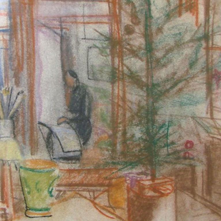 Aleksandras Beļcovas darbnīcas interjera zīmējums pasteļtehnikā ar Ziemassvētku eglīti, mākslinieci pie molberta un dažādiem studijas priekšmetiem.