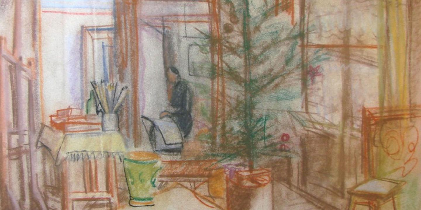 Aleksandras Beļcovas darbnīcas interjera zīmējums pasteļtehnikā ar Ziemassvētku eglīti, mākslinieci pie molberta un dažādiem studijas priekšmetiem.