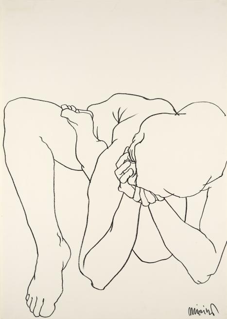 Black-and-white line drawing of a nude human body in a bent, hunched pose on a light background.