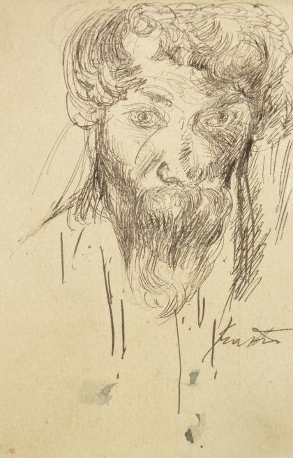 An expressive black-and-white drawing of a bearded man's portrait rendered with loose, sketch-like lines.