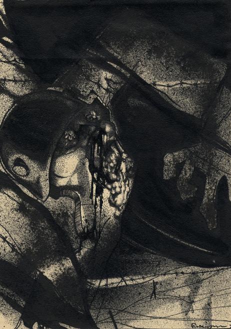 A dark, expressive black-and-white graphic artwork depicting a distorted human figure in a dramatic, abstract setting.