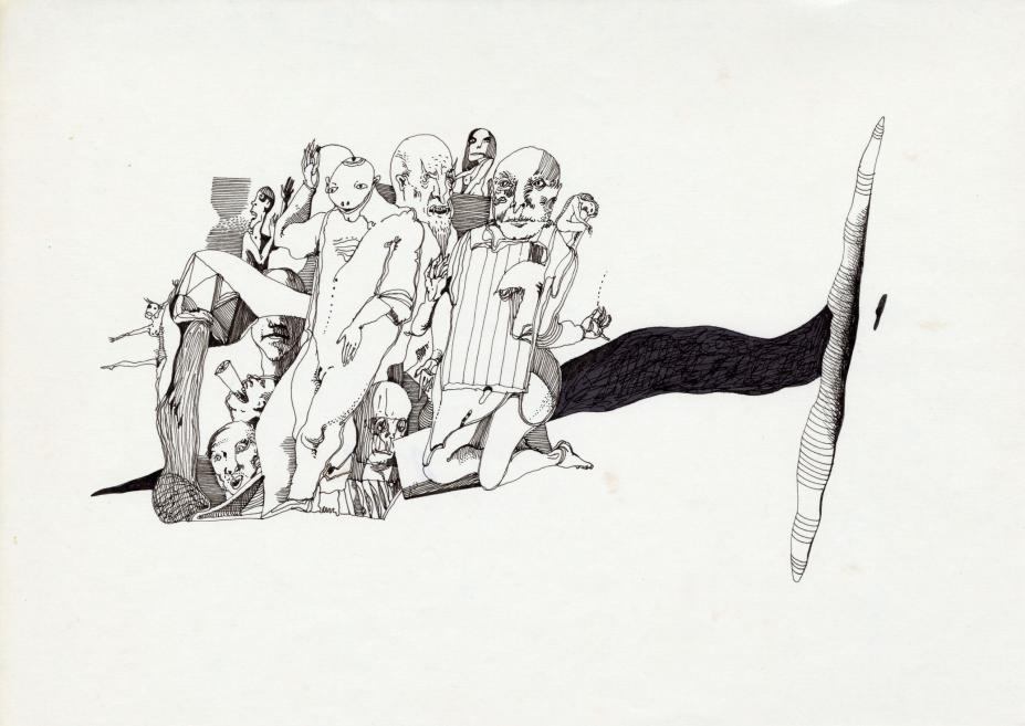 A black-and-white drawing of stylized human figures grouped in an abstract, fantasy-like composition.