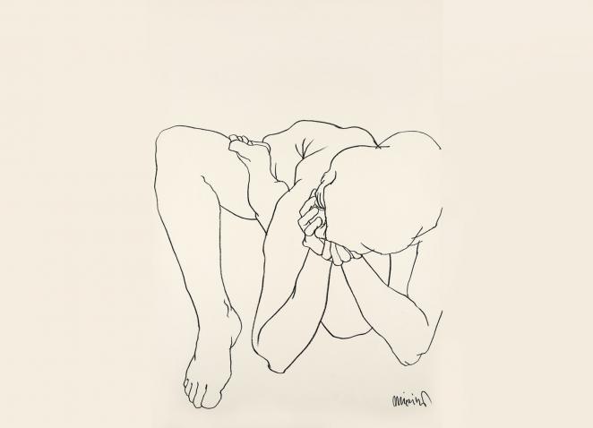 Black-and-white line drawing of a nude human body in a bent, hunched pose on a light background.