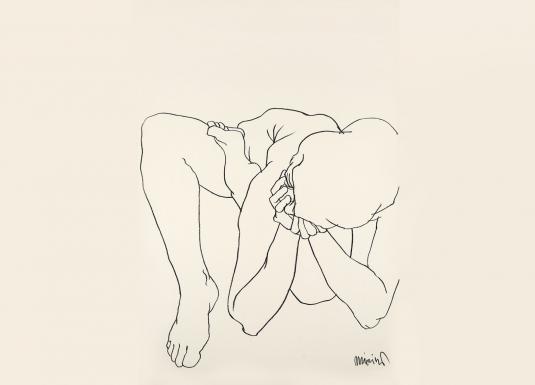 Black-and-white line drawing of a nude human body in a bent, hunched pose on a light background.