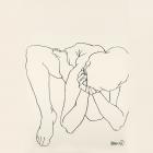Black-and-white line drawing of a nude human body in a bent, hunched pose on a light background.