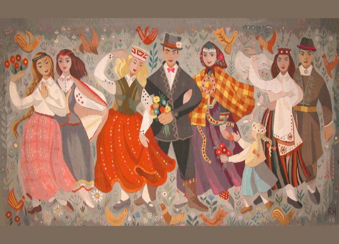 Colorful tapestry showing a group of people in folkloric dress standing against a background of flowers and birds.
