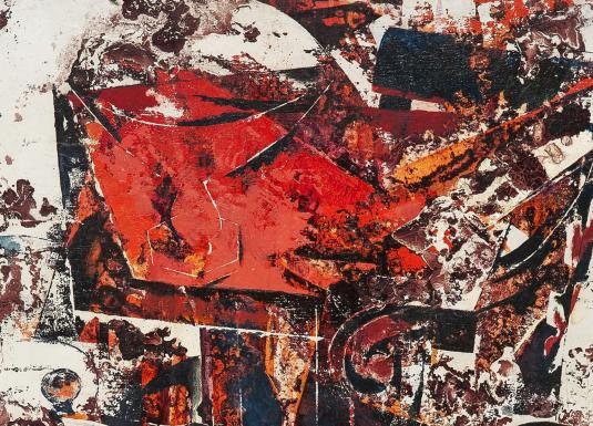 Abstrakta kompozīcija ar dinamiskām ģeometriskām formām un intensīviem sarkaniem, melniem un baltiem krāsu laukumiem, ar izteiktu faktūru un kontrastu.